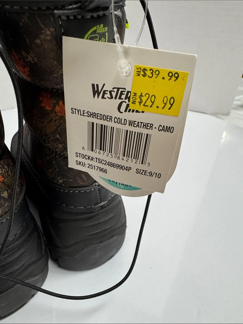 Western Chief Kids Brown Camo Snow Boots with Orange Leaf Accents